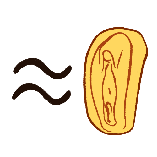 A drawing of an emoji yellow vagina, with a large black wavy equal sign to its left.